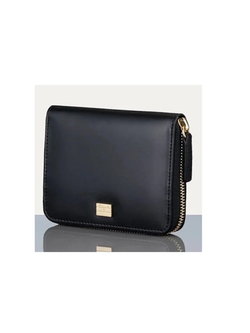 FRAME Compact BiFold Zip Wallet Black Leather Polished Gold Hardware NEW